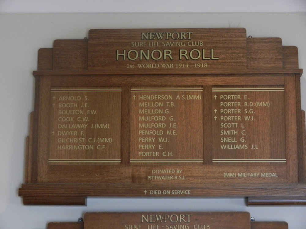 Newport Surf Life Saving Club WWI Honor Board.
