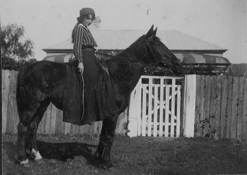 Doris Sparrow on horse in Wyndham's yard, Mona Vale.