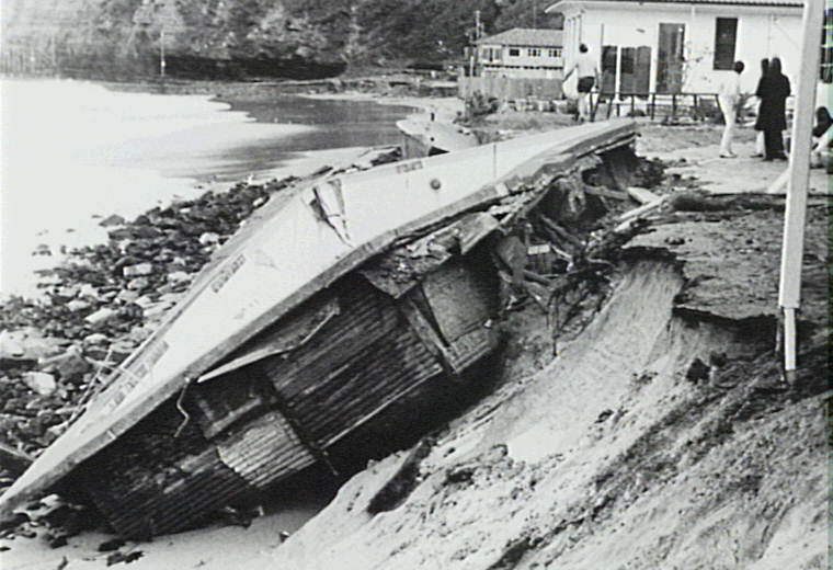 Swimming pool collapsing after storm at Bilgola Beach, Newport, 1974