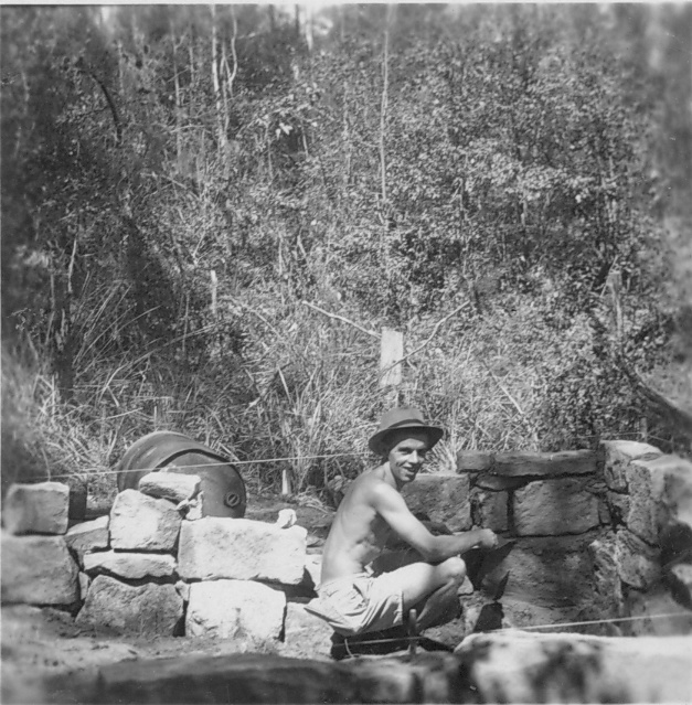 Theo Klerks working on the foundation for shack they lived in for a while at Wallumatta Road, Newport 1952