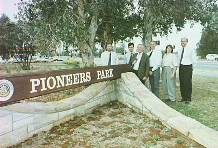 Brian Hrnjak, Max Radmanovich, Ron Starr, Lyn Czinner and Chris Hunt at the dedication of Pioneers Park, 1994