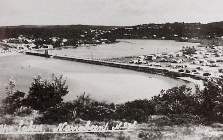 Narrabeen Lagoons with Ocean Street Bridge and Caravan Park, c1930