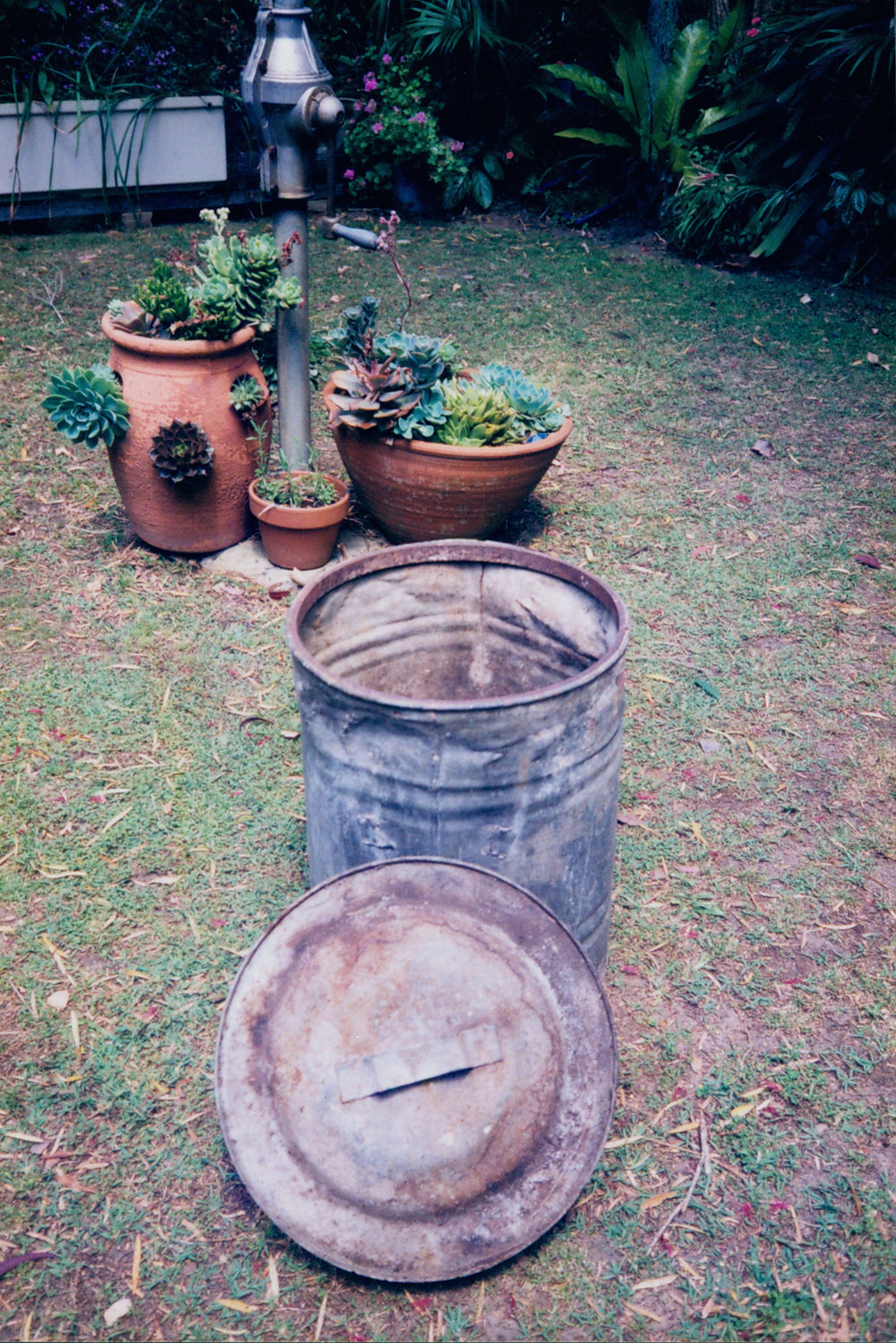 Our first garbage bin 1950s garbage bin and lid in Ken Blacket's garden
