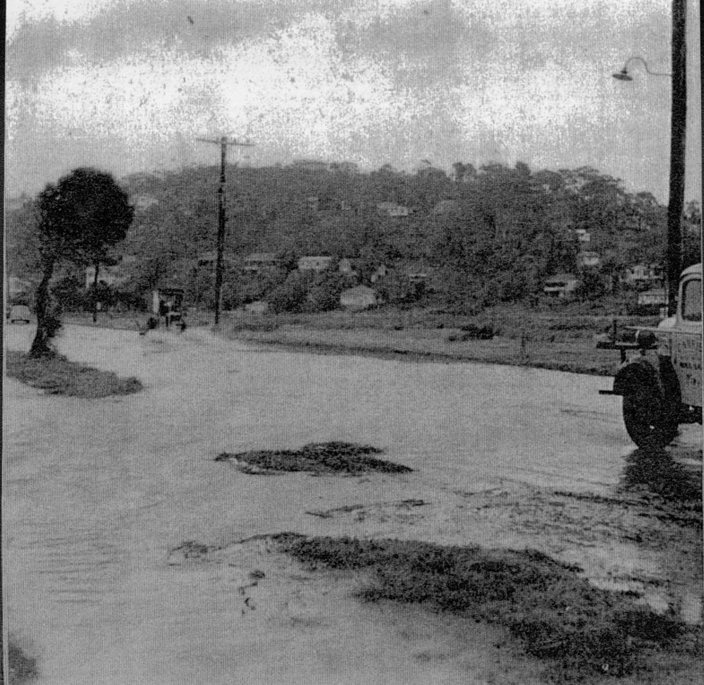 Looking south Pittwater Road opposite Namona Street, North Narrabeen, in flood, 1953