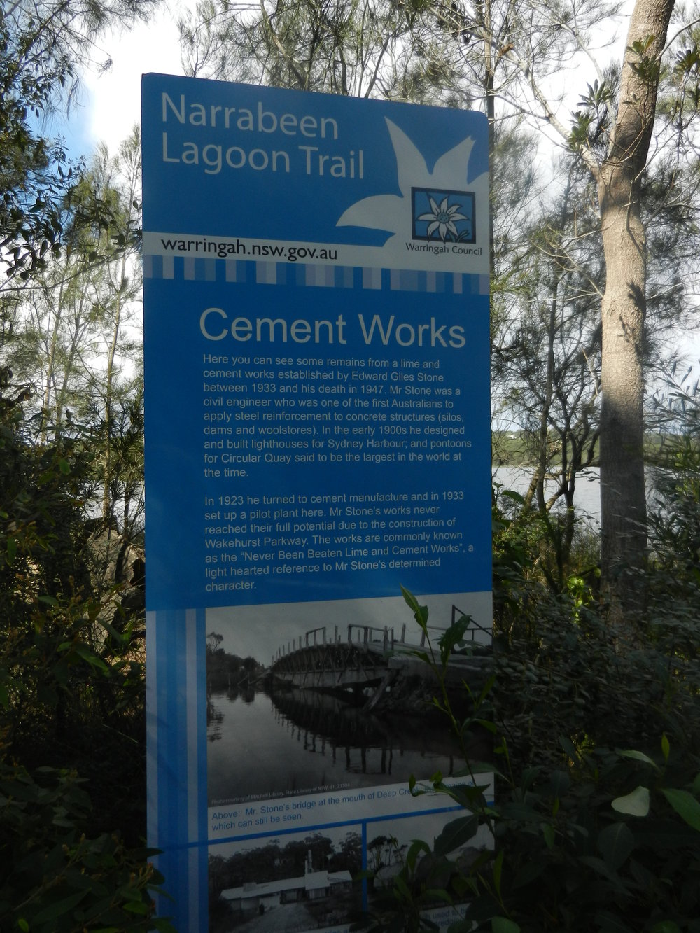 Sign for the cement works  along the Narrabeen lagoon Trail. 2016.