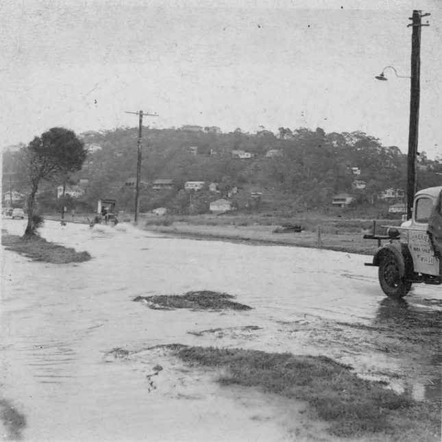 Pittwater Road, North Narrabeen during the floods, 1954