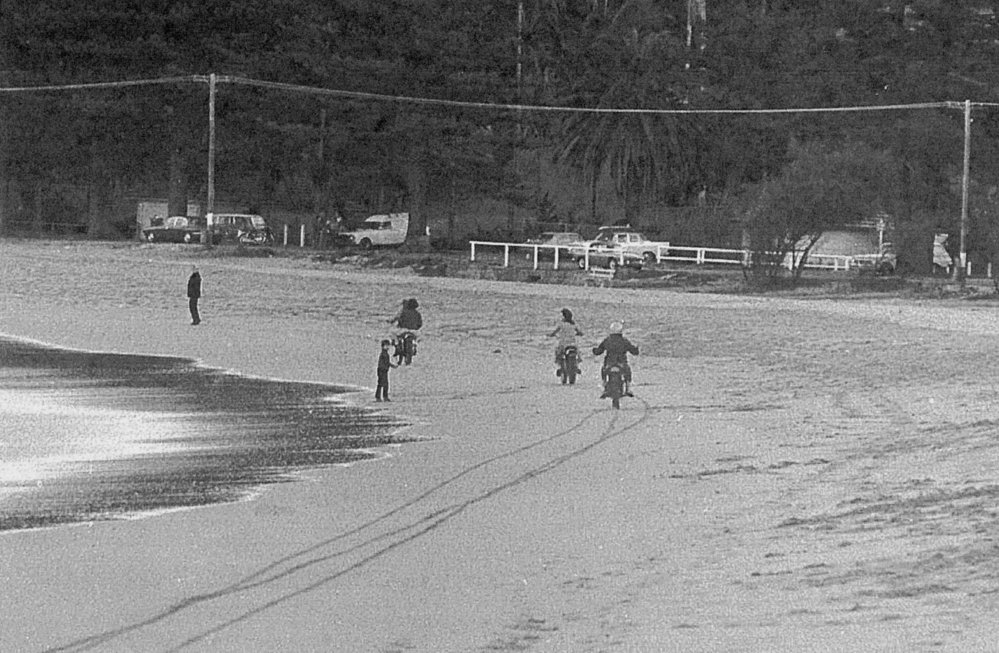 Riding motor bikes on Palm Beach, 1975
