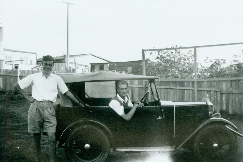 Bruce Gibling at wheel of car 126 Ocean Street, Narrabeen.