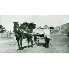 Bill Harrington, employee of Narrabeen Butchery, with horse and cart at Narrabeen