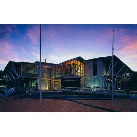 Front entry of Avalon Recreation Centre at night. 