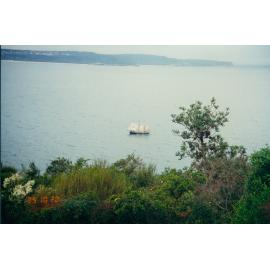 Wooden Barquentine 'Svanen' tall ship entering Broken Bay