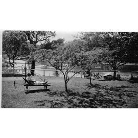The bay and the tops of the concrete pyramids installed during World War II, Mona Vale.