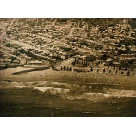 View south across Newport Ocean Beach showing Bushrangers Hill and Bungan Castle, c 1930