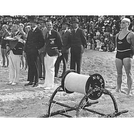 Officials and competitors at a surf carnival at Manly Beach