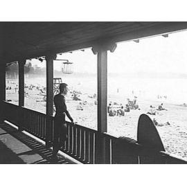 Part of the verandah of Manly Surf Pavilion, and Manly Beach