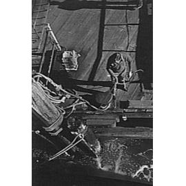 Wharf-hand hauling in guy rope as a Manly Ferry berths