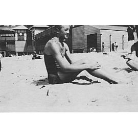 George Pike, member Manly Surf Club, at Manly Beach, c 1920