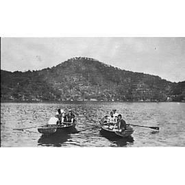 Members of Manly Surf Club in rowboats on Cowan Creek, c 1920