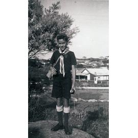 John Short, 3rd Manly Cubs, standing in Monash Parade, Dee Why