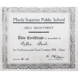 Certificate of Proficiency, Manly Superior Public School, 1921