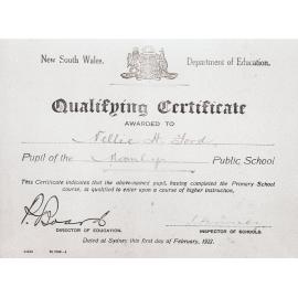 Qualifying Certificate, New South Wales Department of Education, 1922