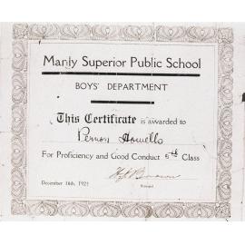 Certificate of Proficiency, Manly Superior Public School, 1924