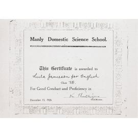 Certificate of Proficiency, Manly Domestic Science School, 1926