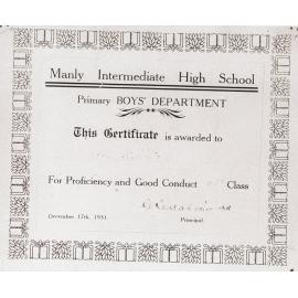 Certificate of Proficiency, Manly Intermediate High School, 1931