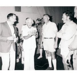 Rex Gibson, Ian Richardson, Peter Dunn, Pat Joyce and Kitty, Manly 16ft Skiff Sailing Club