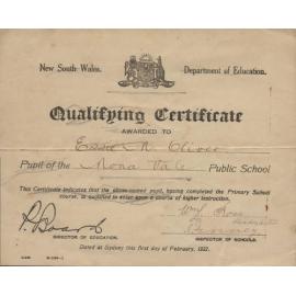 Essie M. Oliver Qualifying Certificate 1922