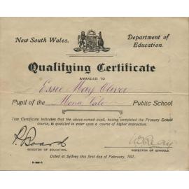 Essie May Oliver Qualifying Certificate 1921