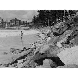 Manly sea wall breached by a storm, opposite Wentworth Street, Manly, c1960s