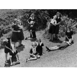 Manly Grammar School pupils in pairs demonstrating first aid, Manly, 1936