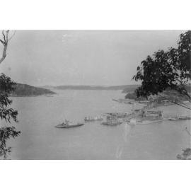 View southeast from Seaforth, across The Spit, showing three steam punts, c1900s