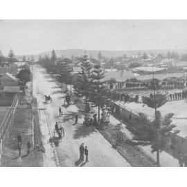 Crowds gathered in Ashburner Street and at the man made lake at the base of the Manly Water Chute, Manly, c1905