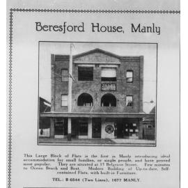 Advertisement for the block of flats, Beresford House, 15 Belgrave Street, Manly, c1927