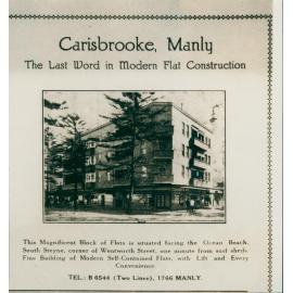 Carisbrooke Flats, South Steyne, Manly, 1927