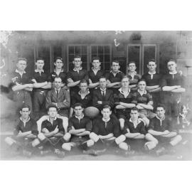 Group portrait of North Manly Rugby Union Football Club, taken in front of a clubhouse, 1923