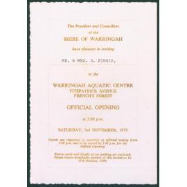 The Warringah Aquatic Centre invitation for the official opening on 3rd November 1979