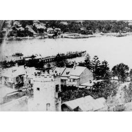 Manly Wharf, Manly Cove, Baths, Coal Wharf and the stone tower Camera Obscura, c1890s