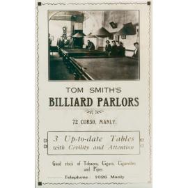 Advertisement for Tom Smith's billiard parlors, 72 Corso, Manly, c1912