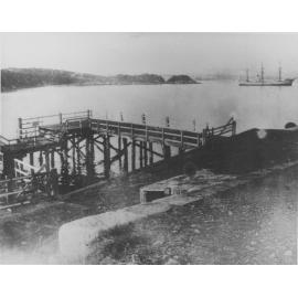 Little Manly Cove, Old Sixpenny Wharf and sailing ship, Manly, c1899