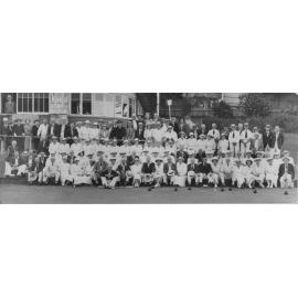 Group portrait of the Manly men's and women's Bowling Clubs, Ivanhoe Park, Manly, 30 March 1948
