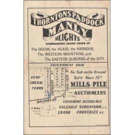 Thorntons Paddock Estate, Manly, 15 November 1884: Subdivision Plan