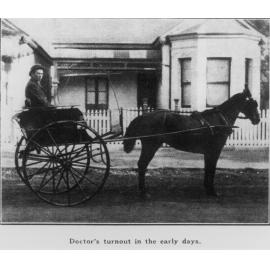 A doctor in a horse drawn vehicle outside a house, Manly, c1910s