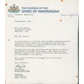 Letter confirming the awarding of a Certificate of Outstanding Service 
