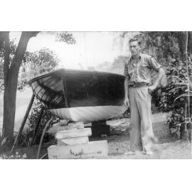 Amos Randell jnr (Sandy) with boat, Waine Street Freshwater