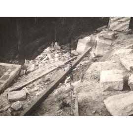Beatrice Street, rock excavations continue, west boundary marked, Balgowlah Heights, 27th October 1950
