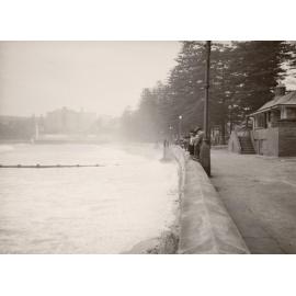 Ocean beach, showing toilet block, Manly, 19th July 1950