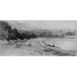 Photograph of a watercolour painting showing a small fishing boat and fishermen on the shore, Manly, 1859